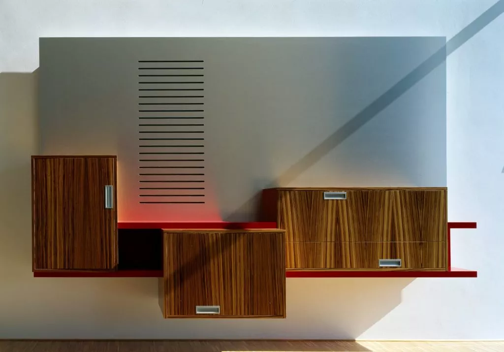 wooden shelves with red backlight