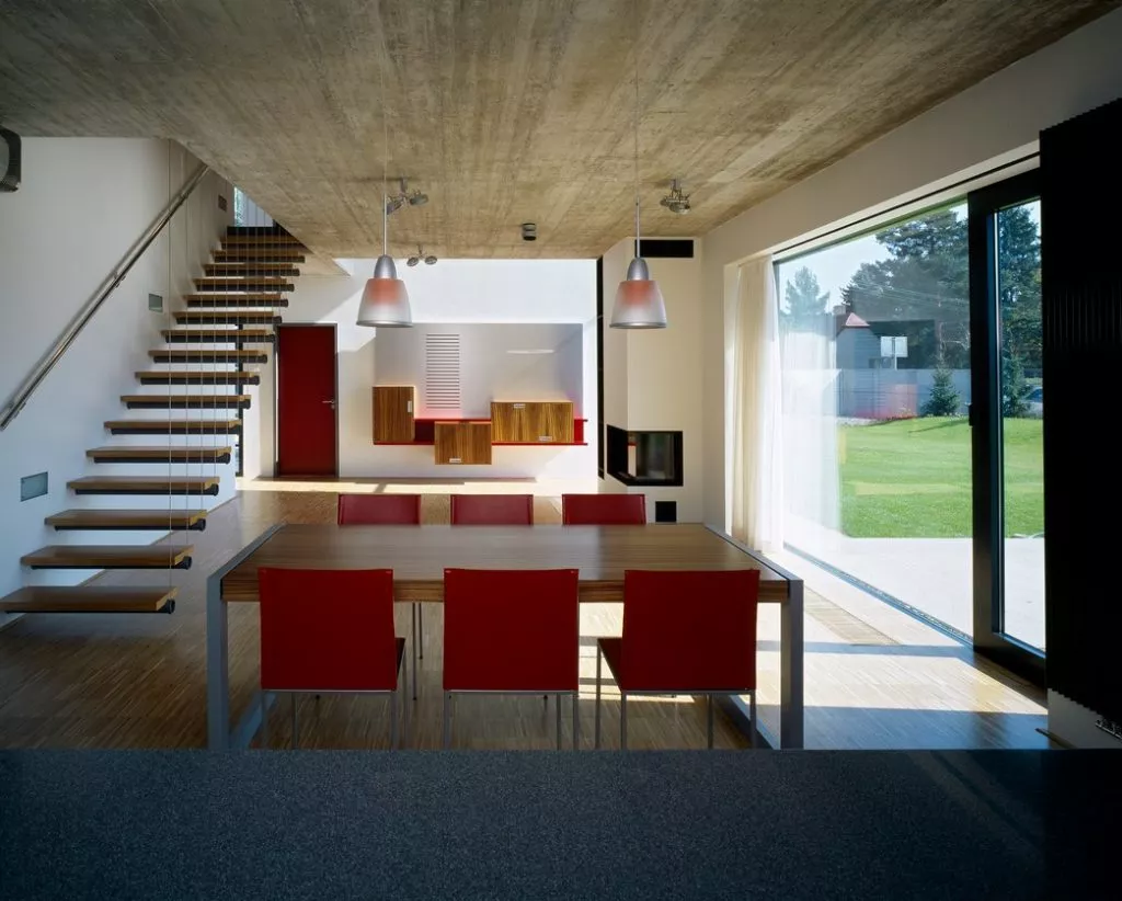 kitchen interior with red and wooden features